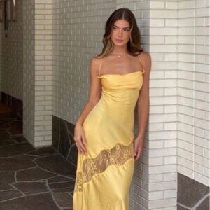 Meshki - Chandra Lace Satin Maxi Dress in Lemon, S